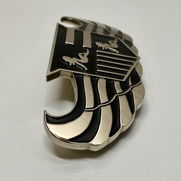 Cadillac 187 INC. Belt Buckle Bottle Opener Tool 5” Chrome Black Winged Logo Vtg - Picture 3 of 14